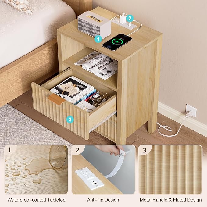Nasonet Night Stand Set 2, Fluted End Table Set of 2, Modern Nightstand - Image 4