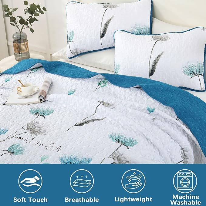 Dinjoy King Quilt Set, 3 Pieces Teal Boho Bedspreads, Fall Flower Bedding | - Image 3