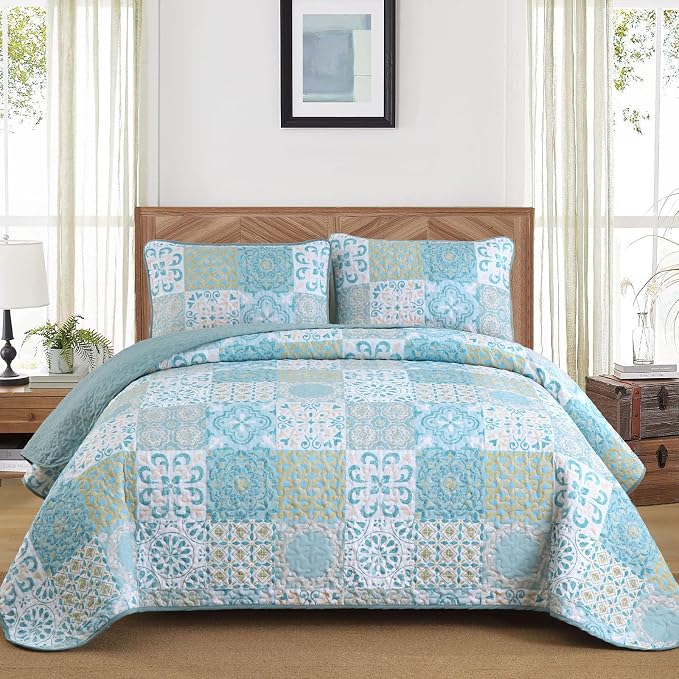 Dobuyly Patchwork Quilt Set King Size, Aqua Blue Boho Summer Bedspreads - Image 2