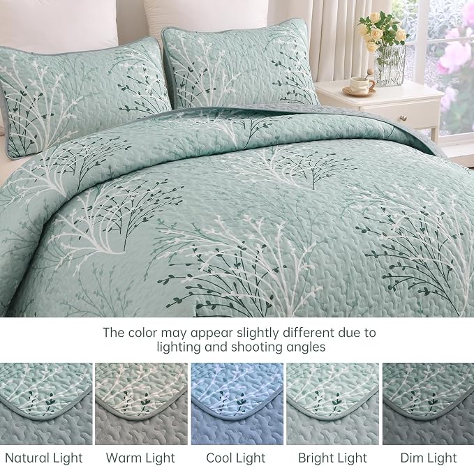 DJY Aqua Quilt Set Queen Size Branch Botanical Bedspread Coverlet Set | 3 - Image 7