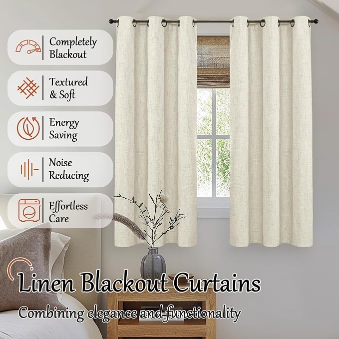 Linen Blackout Curtains 63 Inches Long 2 Panels Each 42 Wide Natural | Thermal - Image 2