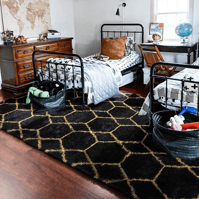5x7 Area Rugs for Living Room Bedroom, Fluffy Black and Gold Faux Fur Rug - Image 8