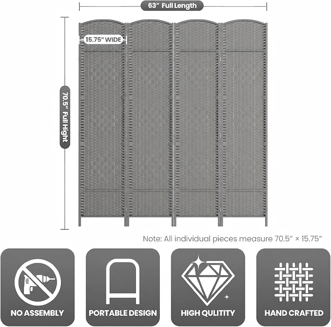 4 Panel Folding Room Divider, Woven Privacy Screen, handcrafted diamond pattern - Image 3