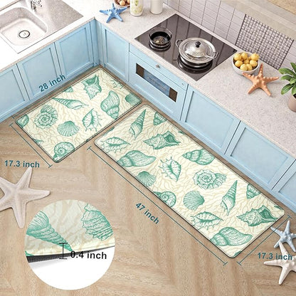 Kitchen Mats for Floor Cushioned Anti Fatigue Sets of 2 Beach Theme Kitchen Rugs Non Slip Waterproof Coastal Foam Kitchen Floor Rug Nautical Coral Seashell Comfort Standing Mat For Sink Laundry, Green