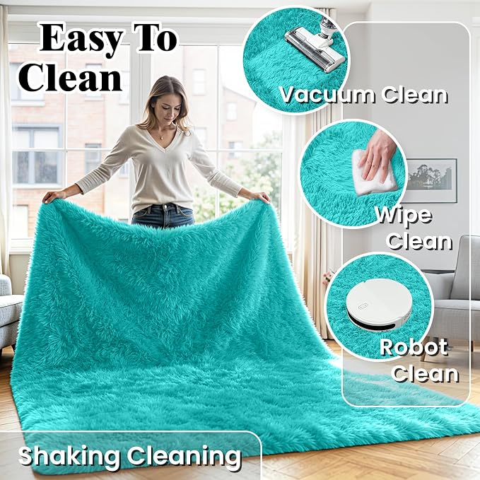8x10 Fluffy Area Rug for Living Room: Non-Slip Turquoise Bedroom Carpet | Ultra - Image 6