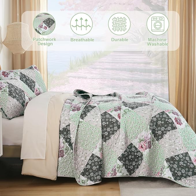 Dinjoy Boho Quilt Set Queen Size, Patchwork Floral Bedspreads, Reversible - Image 4