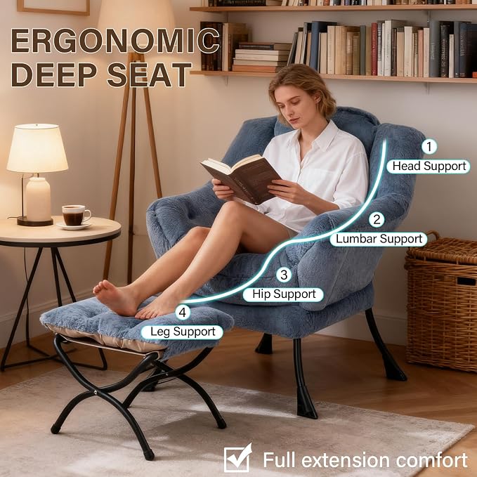 Welnow Lazy Chair with Ottoman, Reading Chair with Footrest, Plush Light Blue | - Image 7