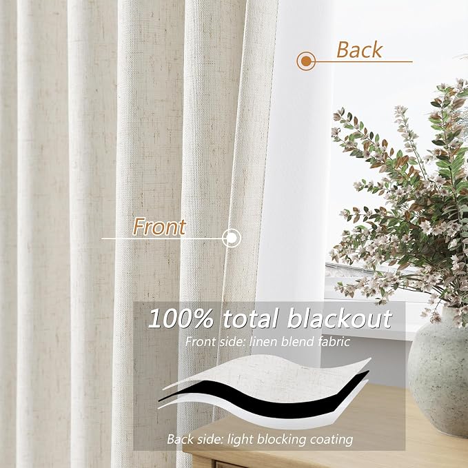 Beige White 100% Blackout Linen Curtains 96 Inch Length 2 Panels Set - Image 4