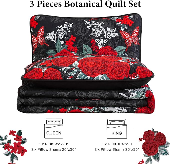 Yiran Black Floral Quilt Set King Size, 3 Pieces Botanical Quilt Set | Summer - Image 6