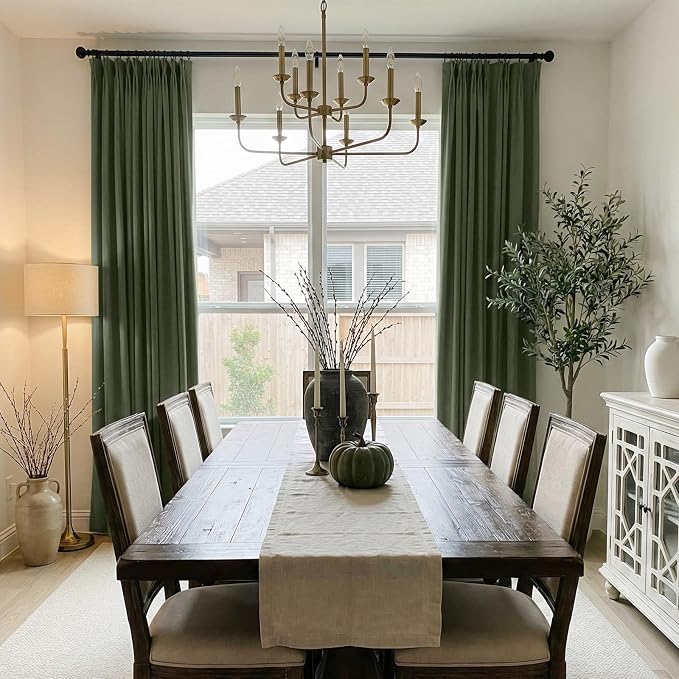 Pinch Pleated Full Blackout Faux Linen Curtains 102 Inches Long | Moss Green - Image 5