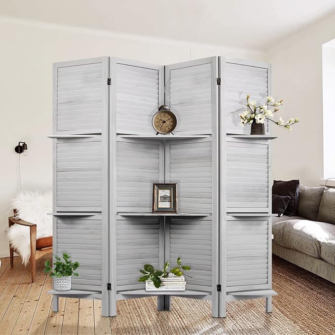 Room Divider with Shelves, 4 Panel Grey Privacy Screen | Partition Room - Image 2