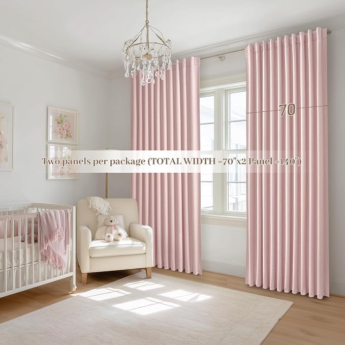 Cute Baby Pink Blackout Curtains 70 Inches Extra Wide Pleated - Image 6
