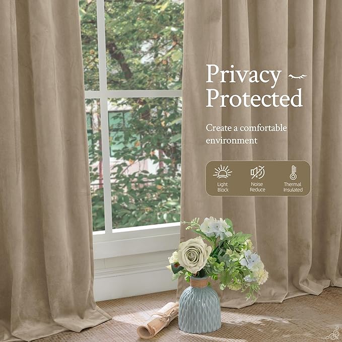 LAMIT Taupe Velvet Curtains 108 Inch for Living Room, Thick Thermal Insulated Room Darkening Drapes Super Soft Elegant Back Tab and Rod Pocket Panels for Sliding Glass Door, 2 Panels, 52 x 108 Inch