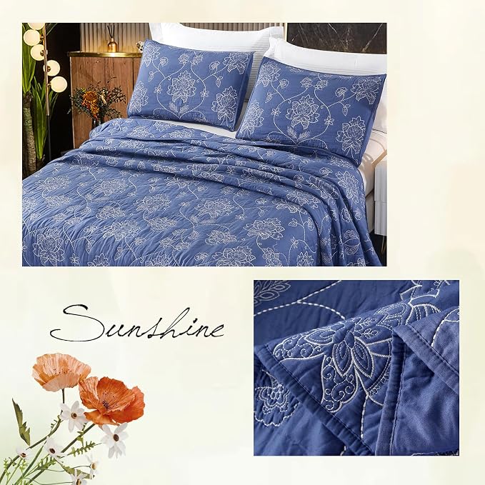 ROOMLIFE Quilt Set Full Size 3D Floral Embroidery Pattern 3-Piece Cotton - Image 7