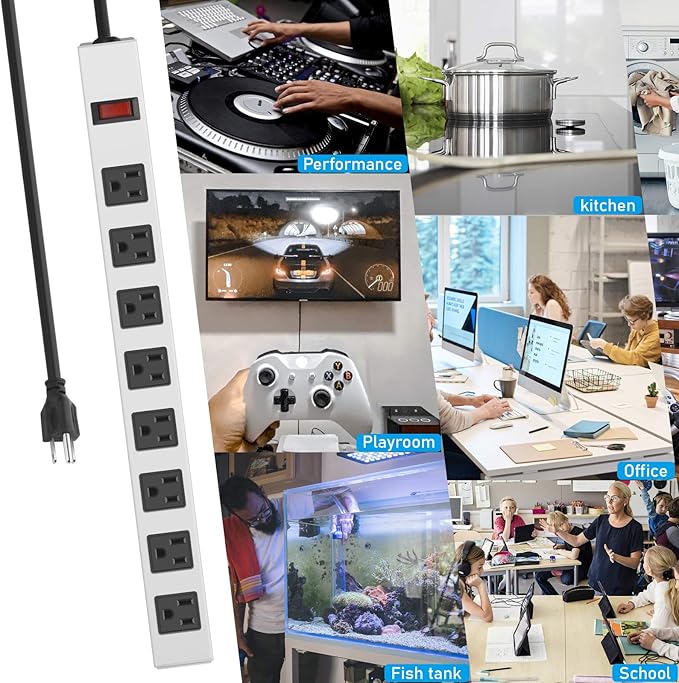 JUNNUJ Metal 8 Outlet Power Strip, Mountable Heavy Duty Power Strip, 1200J Surge Protector Wall Mount Screws Outlet with Switch, Gaming Desk Strips Wide Spaced 15A 125V 1875W, 3 FT 14AWG Power Cord