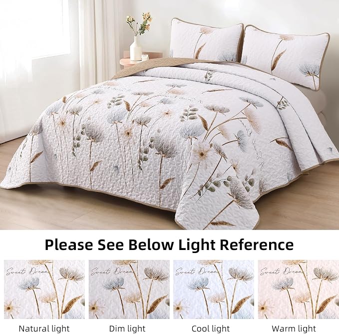 Dinjoy Queen Quilt Bedding Set Khaki Floral Bedspreads - Image 3