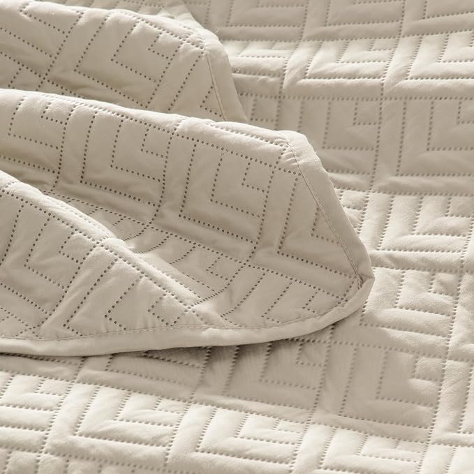 EXQ Home King Size Quilt Set Squares Pattern Bedding Set Lightweight Beige | - Image 6