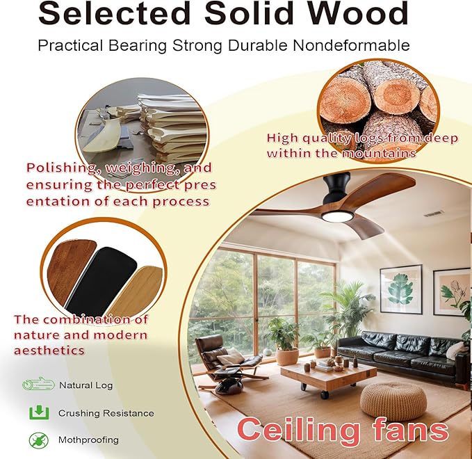 Gaizw 42 Inch Low Profile Ceiling Fans with Lights and Remote, Flush Mount Ceiling Fan with Lights, 3 Blades Solid Wood Walnut Hugger Easy Installation for Living Room, Bedroom, Farmhouse, Indoor