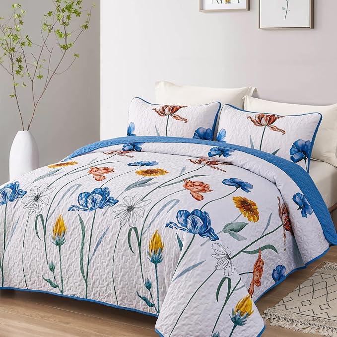 WONGS BEDDING Blue Quilt Set Queen Size, Cute Floral Botanical Bedspread - Image 2
