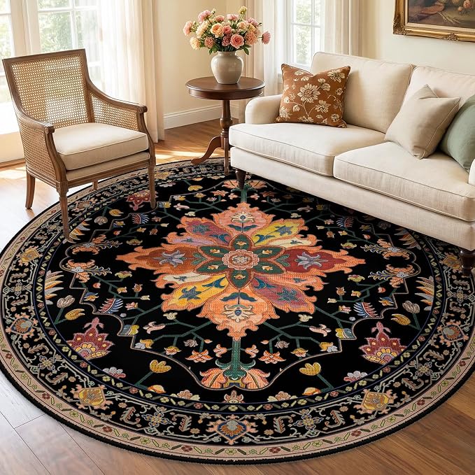 RELEANY Washable Area Rug, Round 7ft, Water Repellent, Pet Friendly, Vintage - Image 2