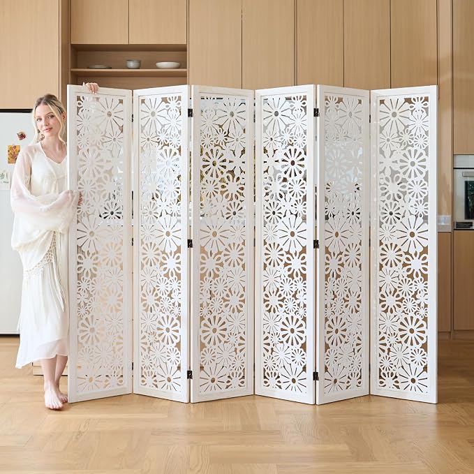 Folding Wood Room Divider Panel, 67 Inch Tall Daisy-Carved Privacy Screen - Image 8