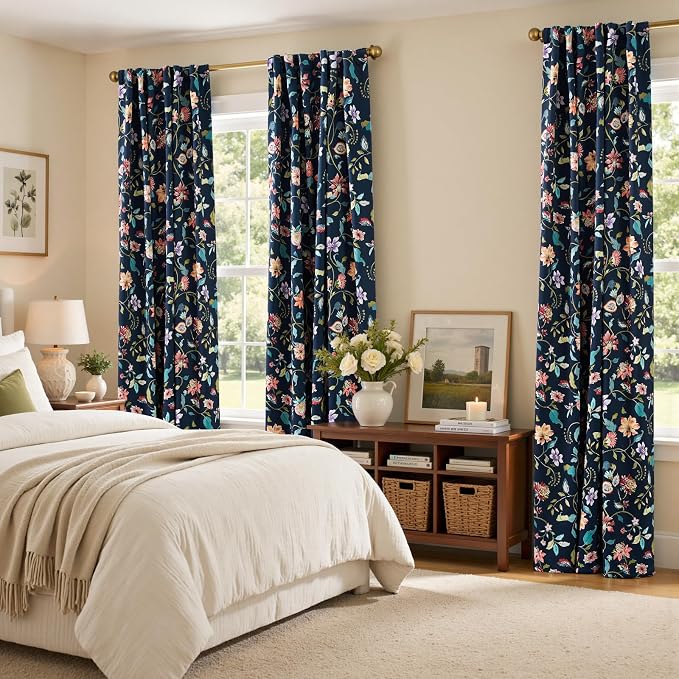 jinchan Dark Blue Floral Blackout Curtains 96 Inch Back Tab 2 Panels | Room - Image 7