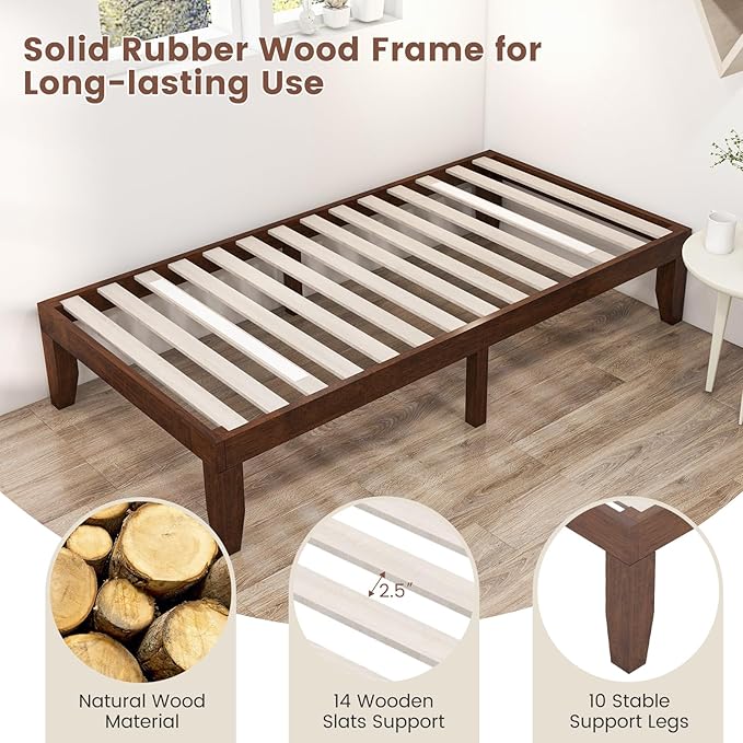 Giantex 14 Inch Twin Wood Platform Bed Frame, Minimalist Style Mattress Foundation with Solid Rubber Wood, Heavy Duty Slat Support, Without Headboard, Easy Assembly, No Box Spring Needed,Walnut