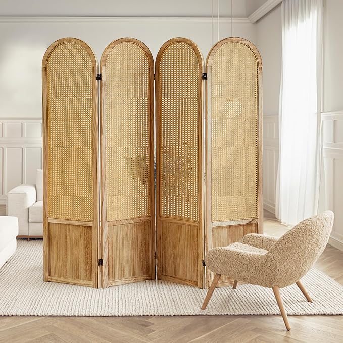4 Panel Rattan Room Divider Screen, Boho Folding Privacy Screen | Decorative - Image 8