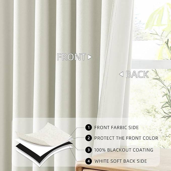 ChrisDowa 100% Blackout Iovry Solid Curtains 102 Inches Long 2 Panels for Bedroom Living Room,Farmhouse Room Darkening Thermal Insulated Soundproof Grommet Top Window Treatment Drapes,52x102
