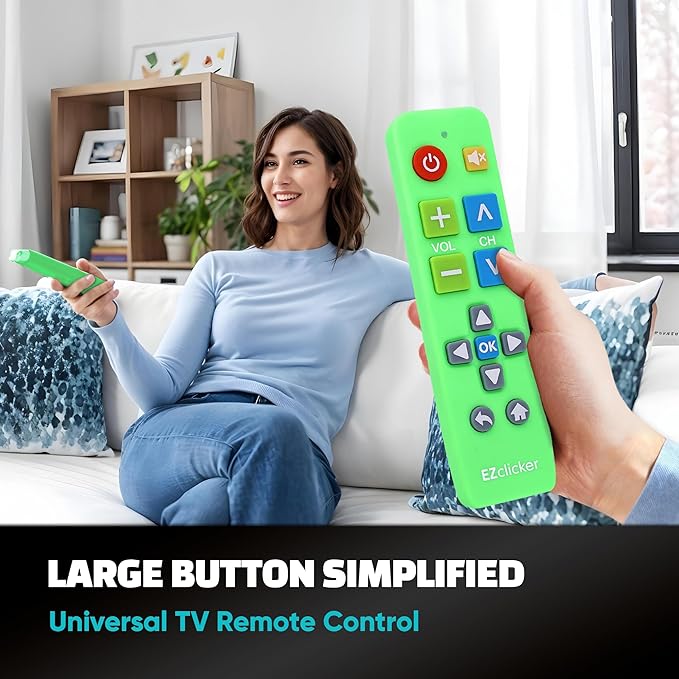 EZclicker Plus Big Button Universal TV Remote (Green) Simple Easy to Use, Works with Major TV Brands (2xAAA Batteries Not Included)