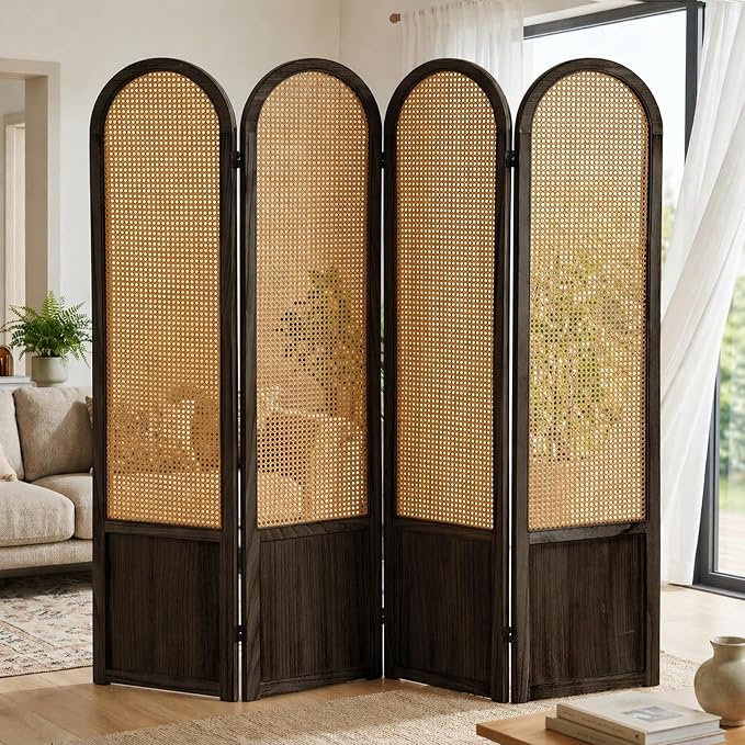4 Panel Rattan Room Divider Screen, Boho Folding Privacy Screen | Decorative - Image 9