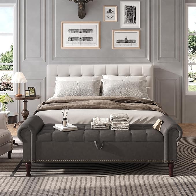Apicizon 60” Bench with Storage, Upholstered Tufted Button Bedroom Bench with - Image 7