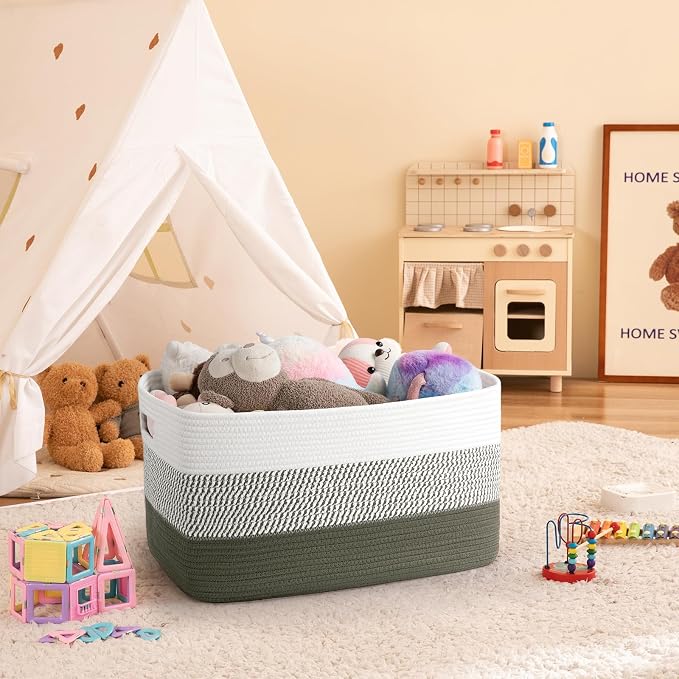OIAHOMY Blanket Basket Laundry Basket Dog Toy Basket 75L Green/White | Large - Image 2