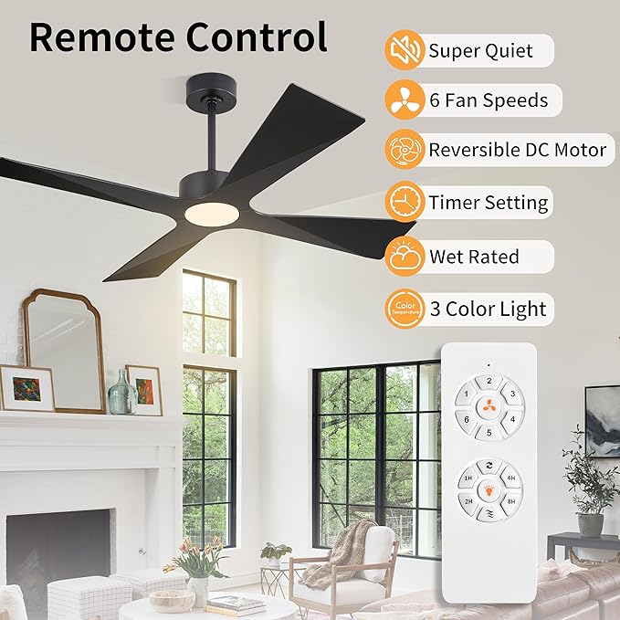 WINGBO 54" Wet Rated Outdoor Ceiling Fan with Lights, 4 ABS Plastic Blades, Reversible DC Motor, 6-Speed Remote Control, 3 CCT, Waterproof Ceiling Fan for Patio Porch Gazebo Garage, Matte Black