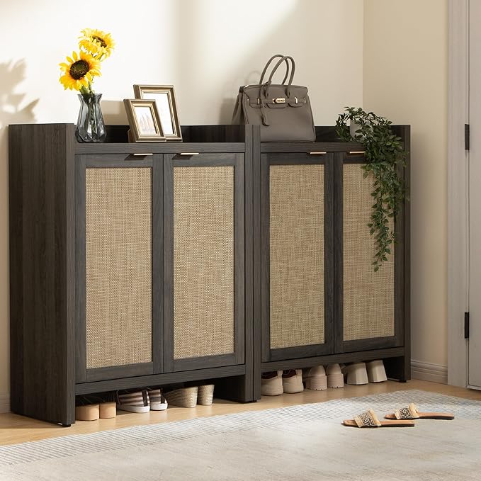 SICOTAS Shoe Cabinet Set of 2, Large Capacity Shoe Storage Organizer Cabinet, Tall Rattan Shoe Cabinet with Doors and Shelves, 6-Tier Farmhouse Boho Wooden Storage Cabinet for Entryway, Black Oak