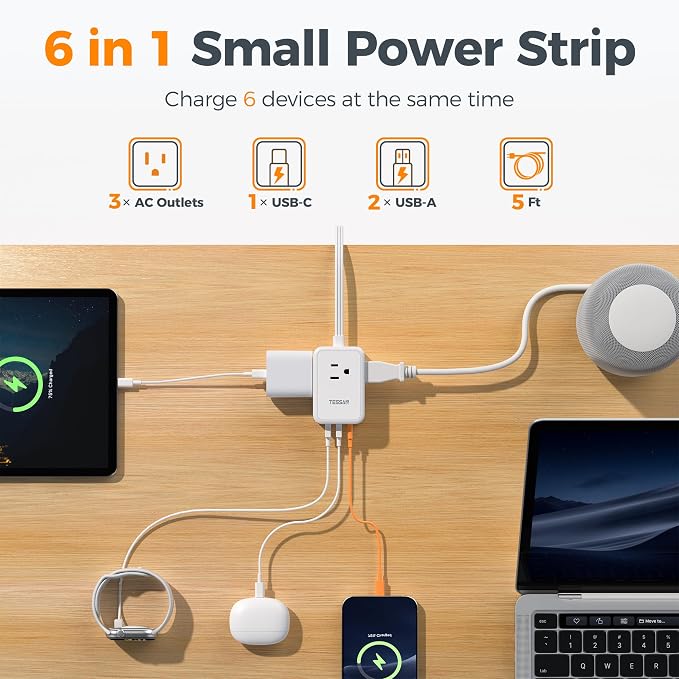 TESSAN Small Flat Plug Power Strip, Ultra Thin Extension Cord 5 ft, Wall Outlet - Image 3