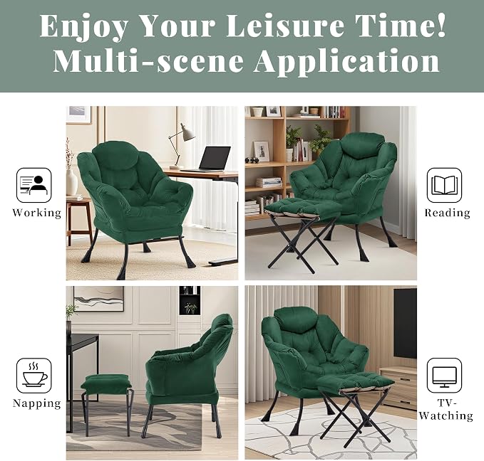 Lazy Chair with Ottoman, Comfy Reading Chair, Emerald Green | Cushioned Seat - Image 8