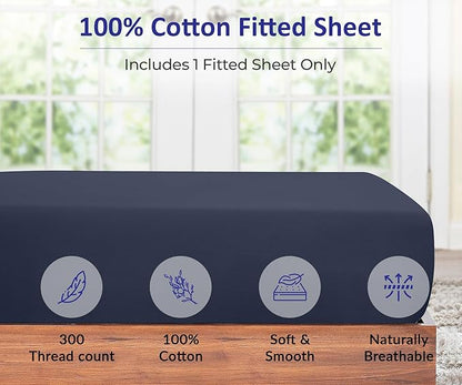 ROYALE LINENS 300 Thread Count 100% Long Staple Combed Cotton Fitted Sheet Twin XL - Super Soft Deep Pocket Bottom Sheet - Fitted Sheets Only - Elastic Sheets (Twin XL, Navy)