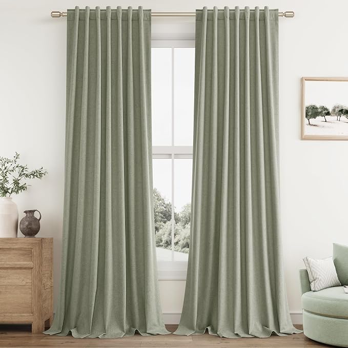 Sage Green 100% Blackout Linen Curtains 94 Inch Length 2 Panels Set by Guken