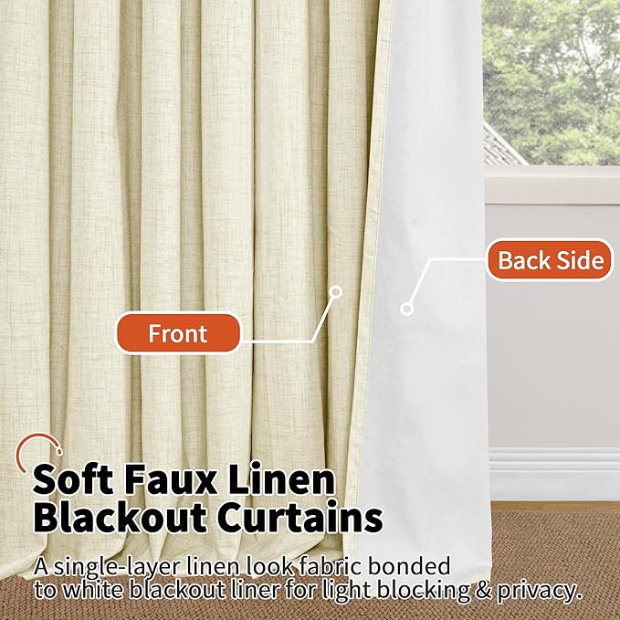 Cream 100% Blackout Curtains for Living Room 95 Inch Length 2 Panels Set, Thermal Insulated Light Blocking Faux Linen Curtains for Bedroom, Bronze Grommet Boho Window Drape Each 52" Wide