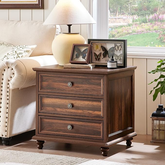 24" Wide Farmhouse Night Stand Set of 2,Large End Table with 3 Drawers & Metal Handle,Brown Wood Dresser for Bedroom Cabinet, Bed Side Table Chest of Drawers,Nightstand for Living Room,Closet