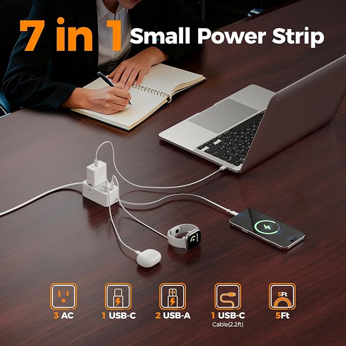 TESSAN Small Flat Plug Power Strip, Ultra Thin Extension Cord 5 ft, 1 - Image 4
