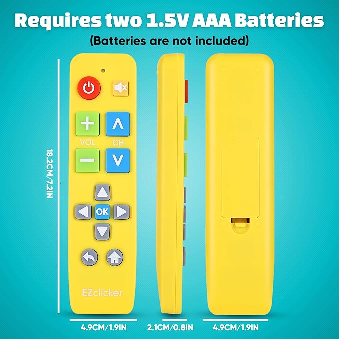 EZclicker Plus Big Button Universal TV Remote (Yellow) Simple Easy to Use, Works with Major TV Brands (2xAAA Batteries Not Included)