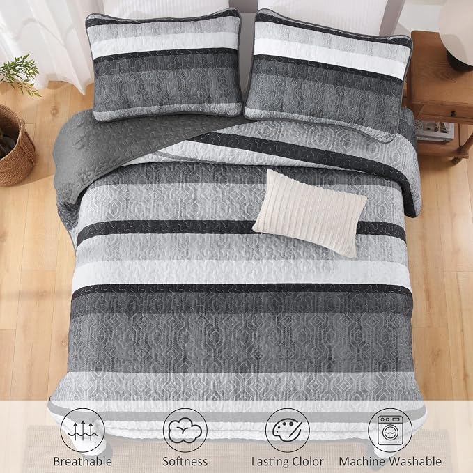 Dobuyly Queen Boho Stripe Quilt Set, Breathable All-Season, 3-Piece Set - Image 9