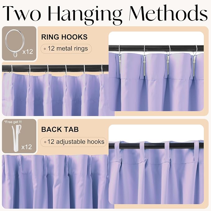 Etherealveil Lavender Purple Pinch Pleated Blackout Curtains 2P 40"x102" | Back - Image 6