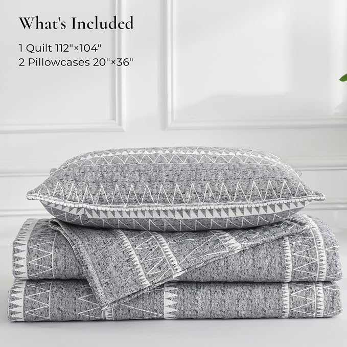 California King Quilt Set Grey, 3 Pieces Boho Striped Bedspread | Soft - Image 7