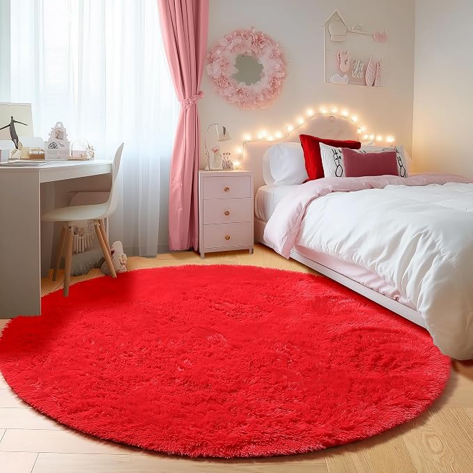 Red Round Area Rug 4ft, Soft Bedroom Circle Rugs Floor Mat - Image 5