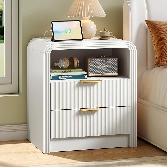 Decofy Fluted Nightstand with Charging Station, 19.7'' Wide Morden End Table by Decofy