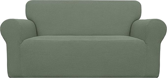Easy-Going Stretch Loveseat Slipcover 1-Piece Sofa Cover Furniture Protector Couch Soft with Elastic Bottom for Kids Polyester Spandex Jacquard Fabric Small Checks (Loveseat, Greyish Green)