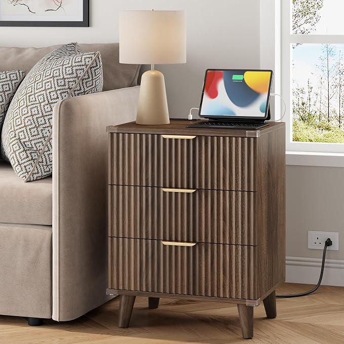 Wood Nightstands Set of 2 w/Charging Station, 3 Drawers Fluted Dresser | Walnut - Image 4